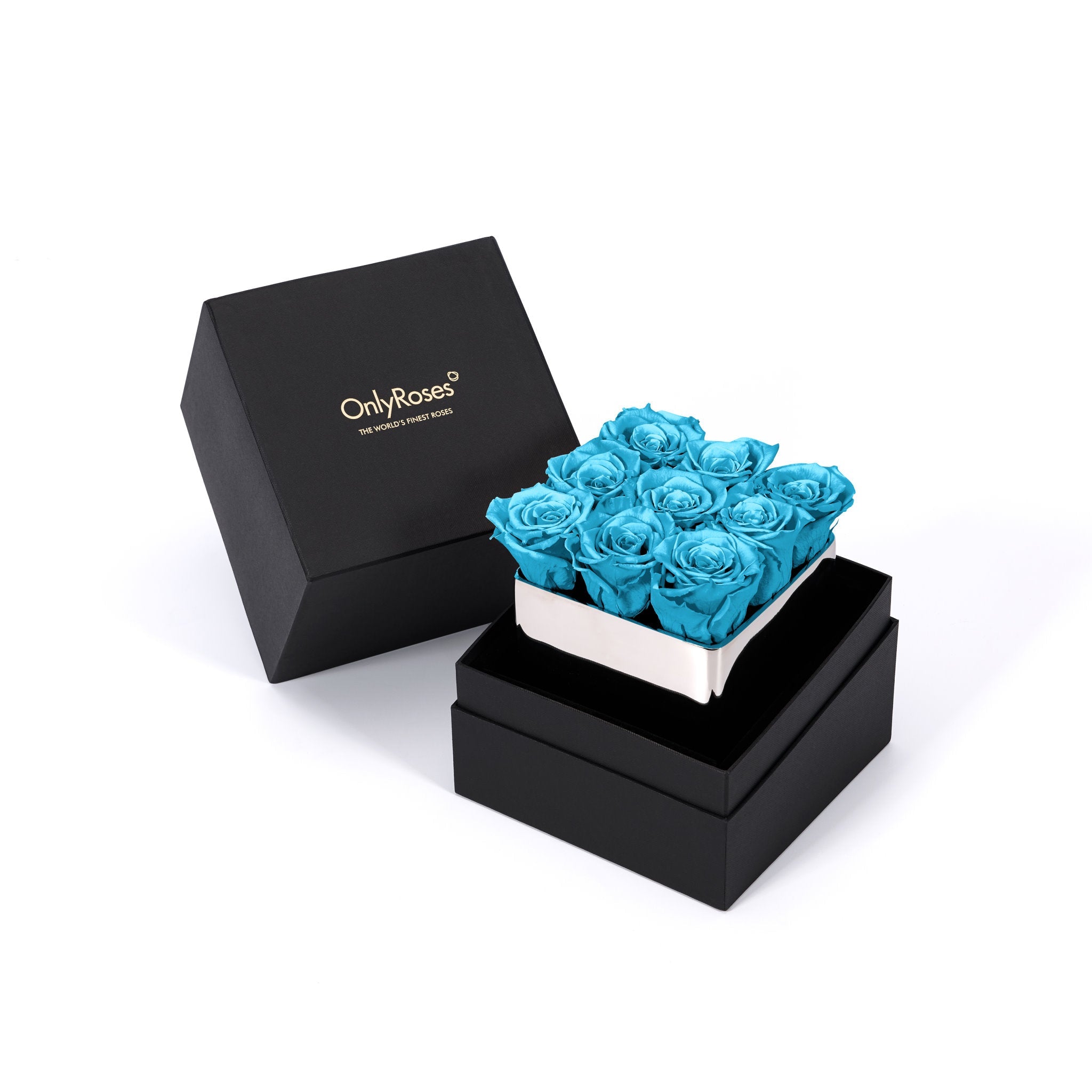 Black box with blue roses on a white background