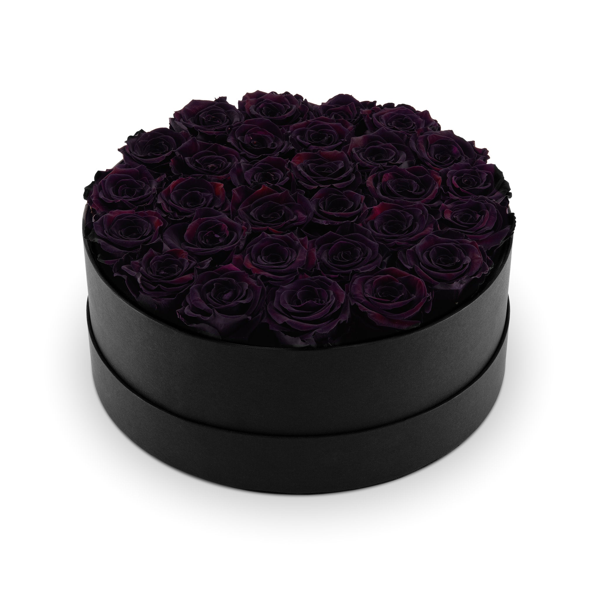 Black round box filled with dark purple roses on a white background
