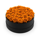 Black round box filled with orange roses on a white background