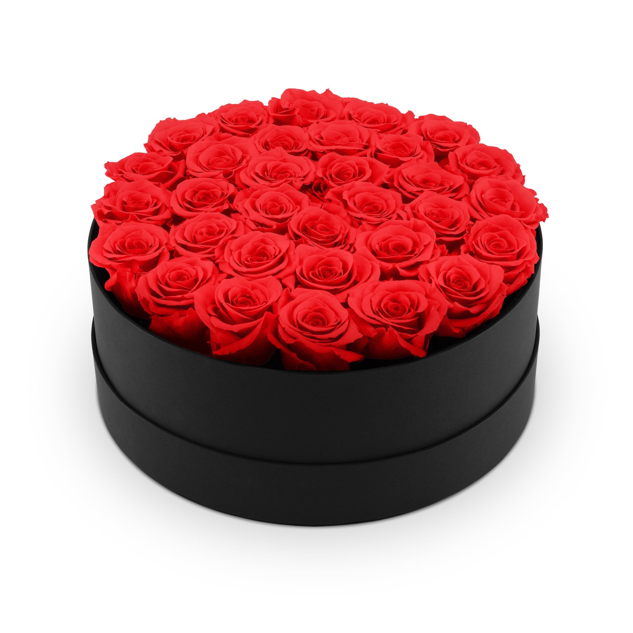 Black round box filled with red roses on a white background