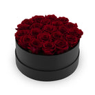 Black round box filled with red roses on a white background