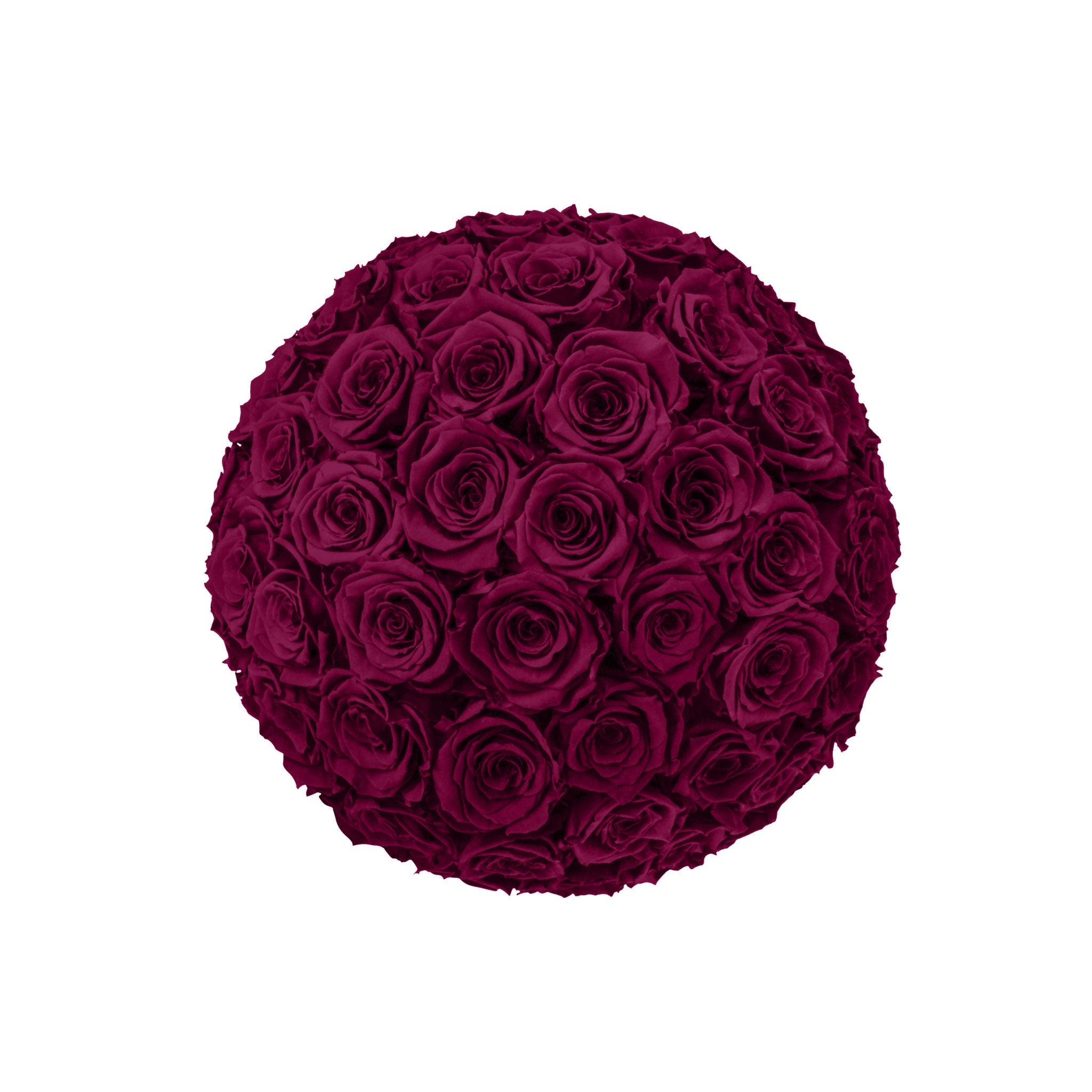 Round arrangement of dark red roses on a white background