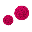 Two spherical arrangements of pink roses on a white background