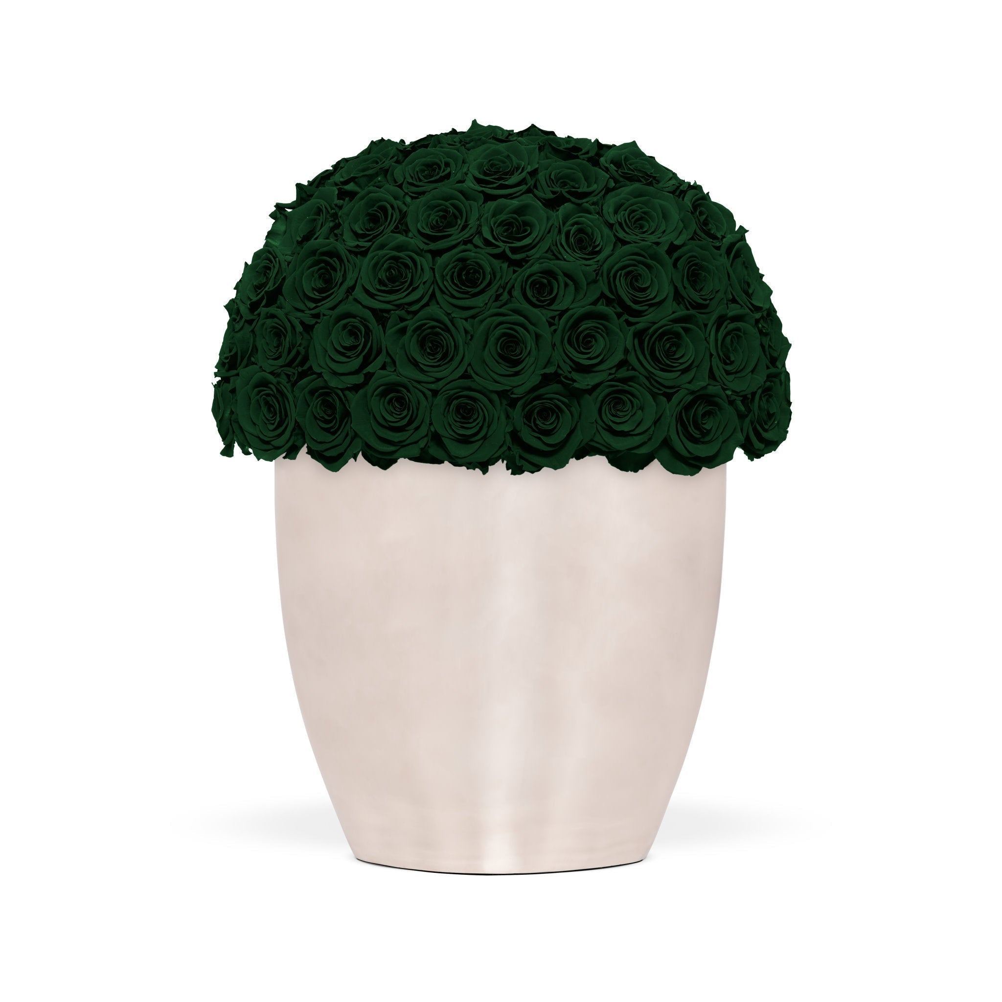 White vase with green artificial roses on a white background