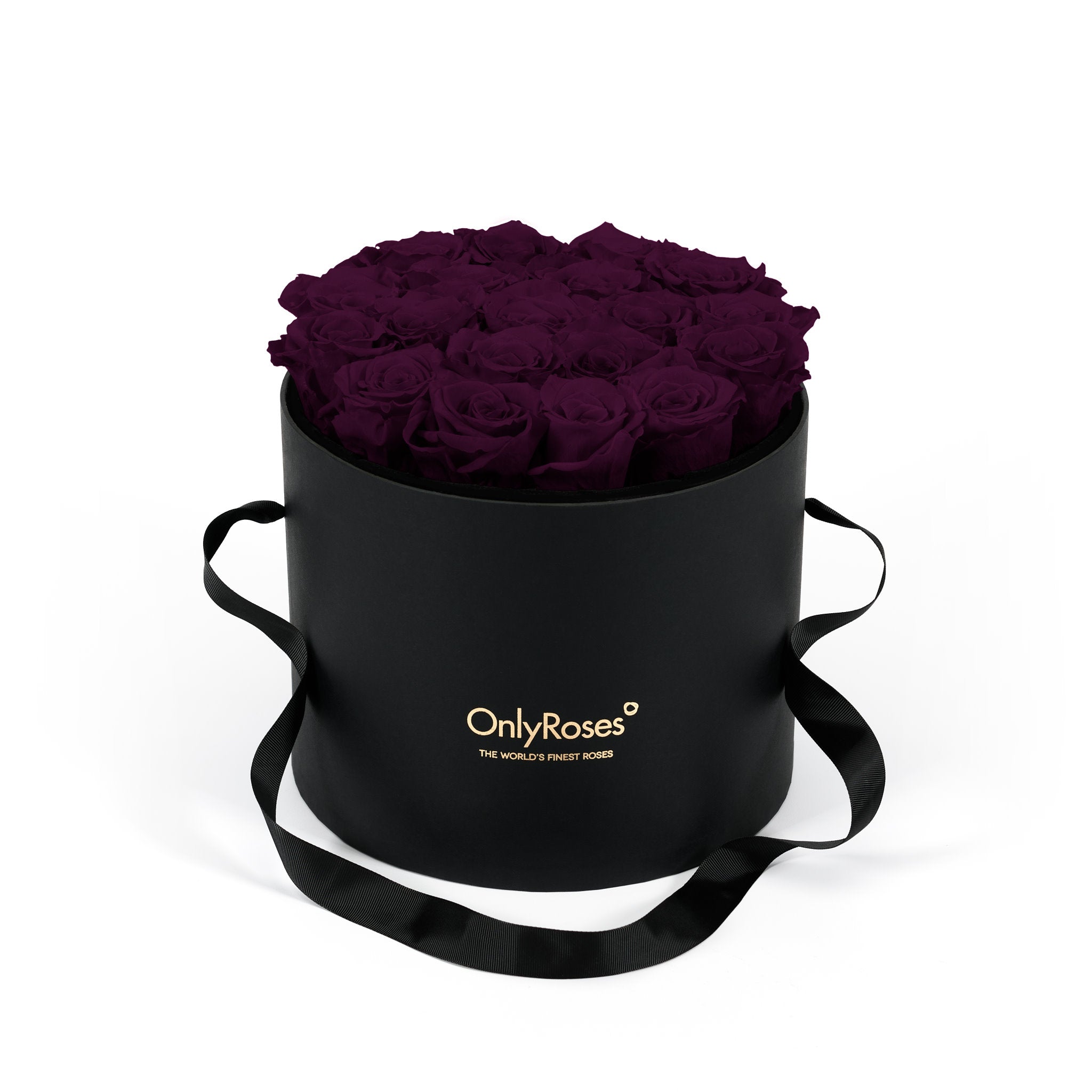 Black box with purple roses and 'Only Roses' logo on a white background
