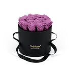 Black round box with purple roses and 'Only Roses' logo on a white background