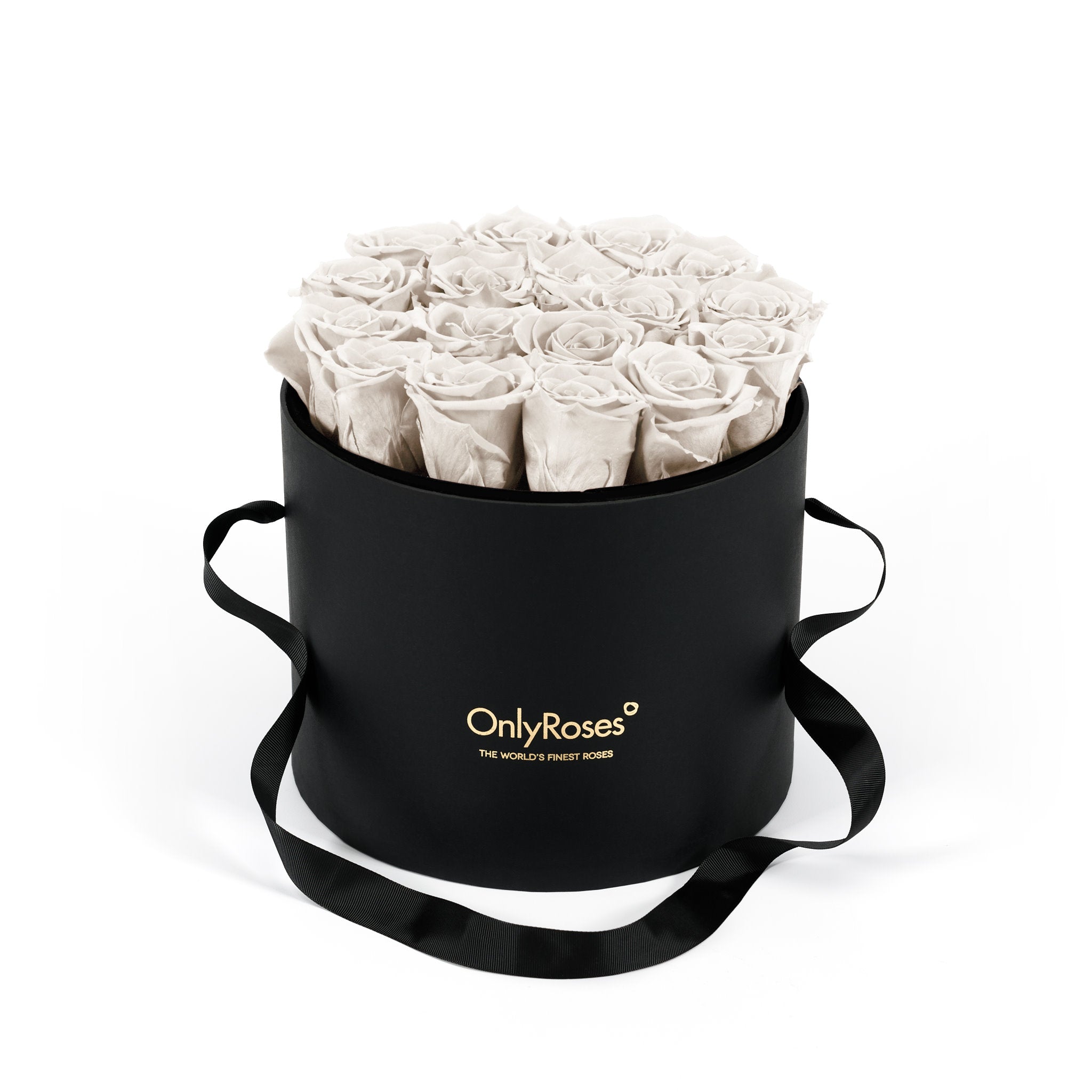 Black round box with white roses and 'Only Roses' logo on a white background