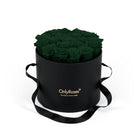 Black round box with dark green roses and 'Only Roses' logo on a white background