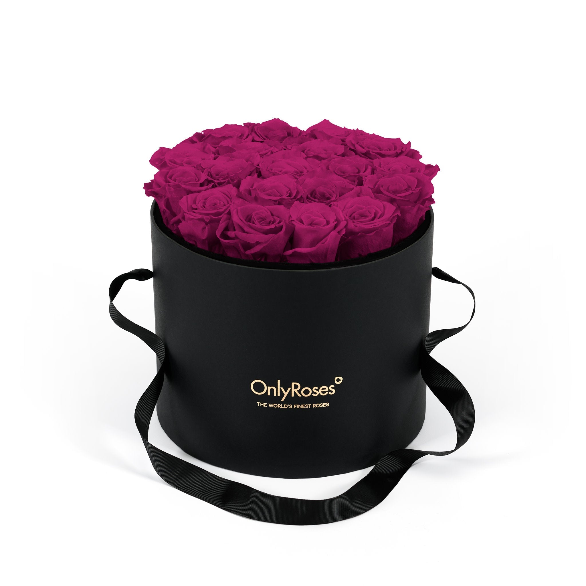 Black round box with pink roses and 'Only Roses' logo on a white background