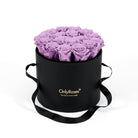 Black round box with purple roses and 'Only Roses' logo on a white background