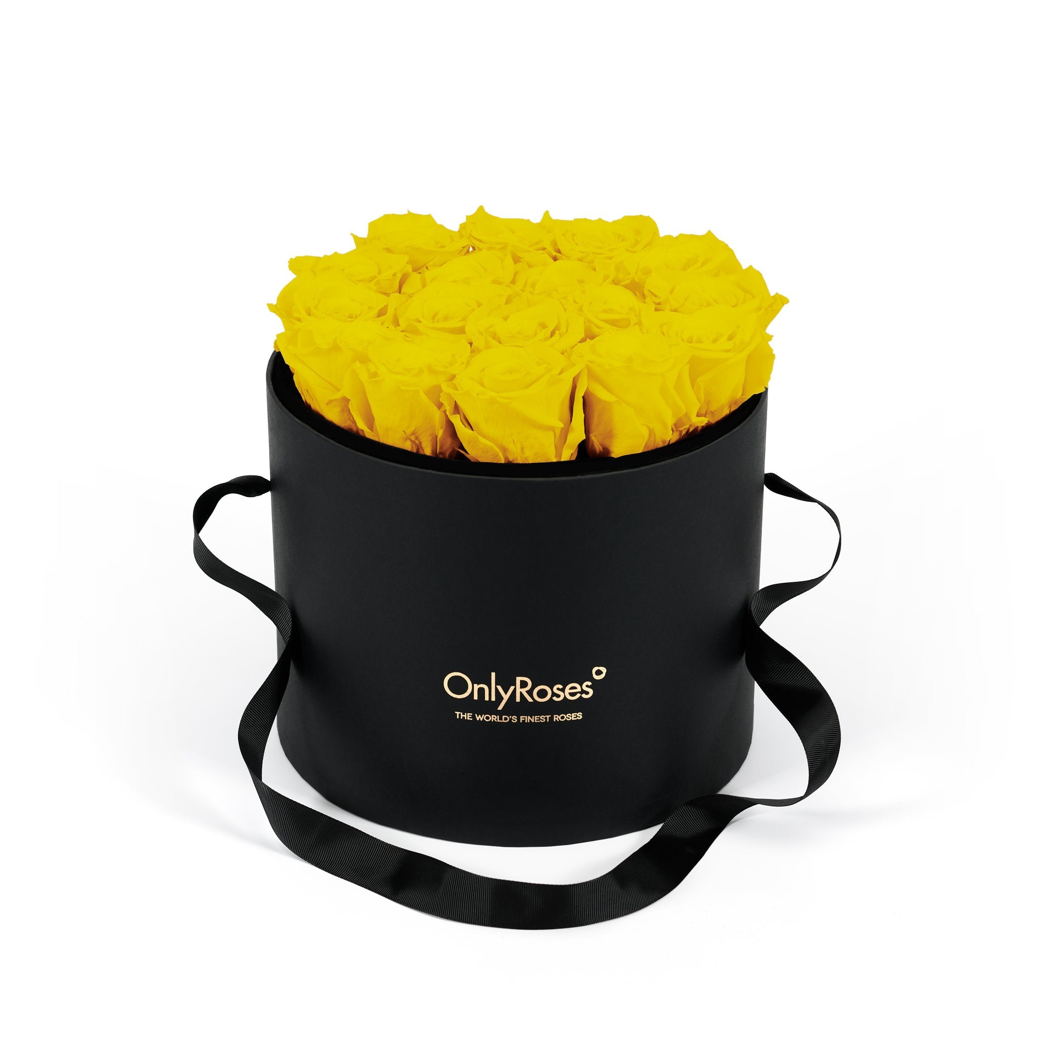 Black round box with yellow flowers and 'Only Roses' branding on a white background
