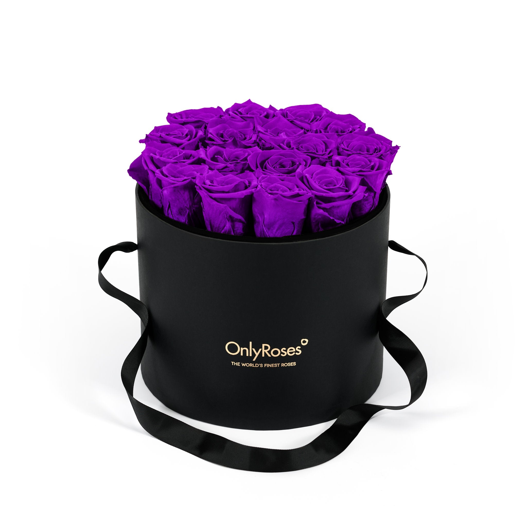 Black round box with purple roses and 'Only Roses' logo on a white background