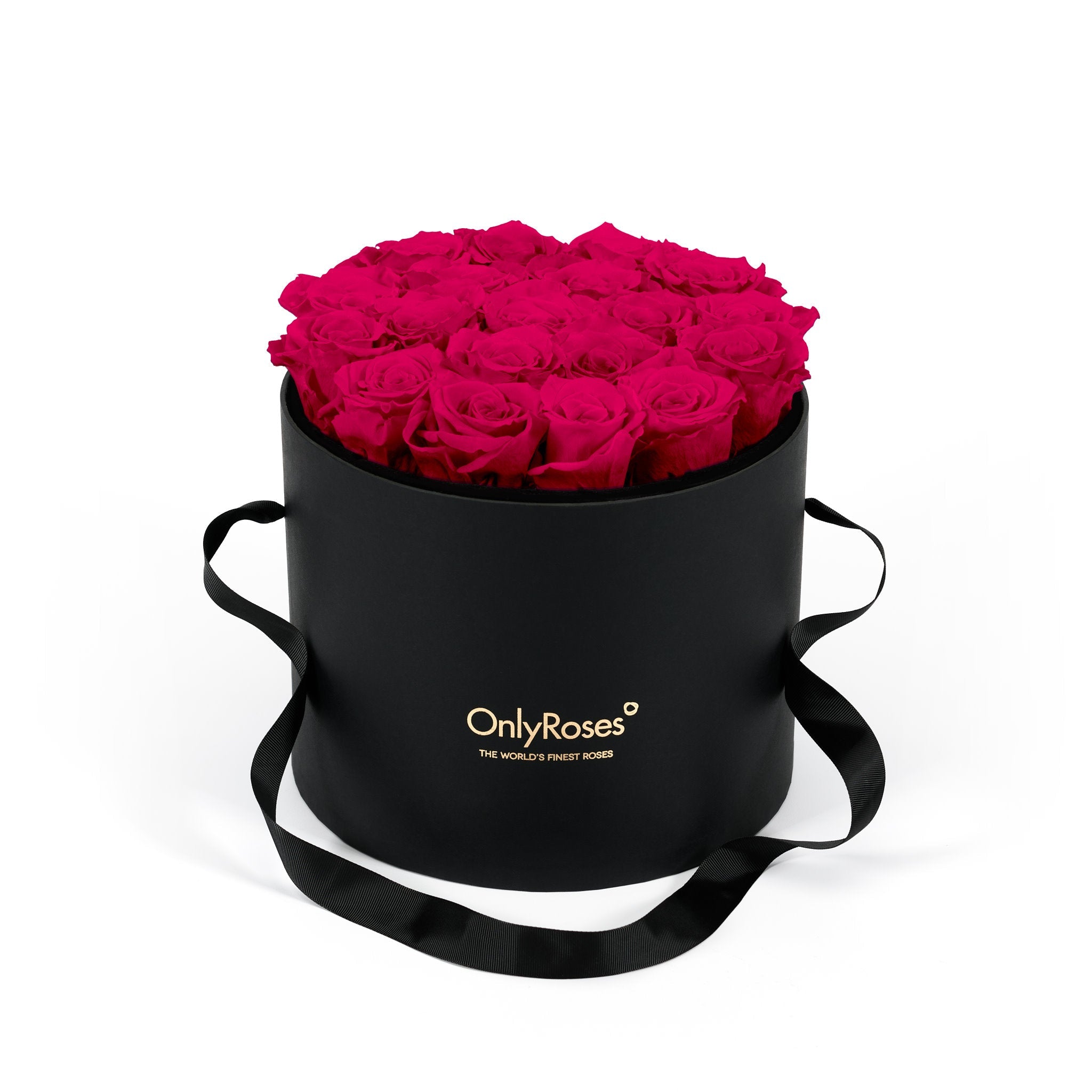 Black box with pink roses and 'Only Roses' logo on a white background