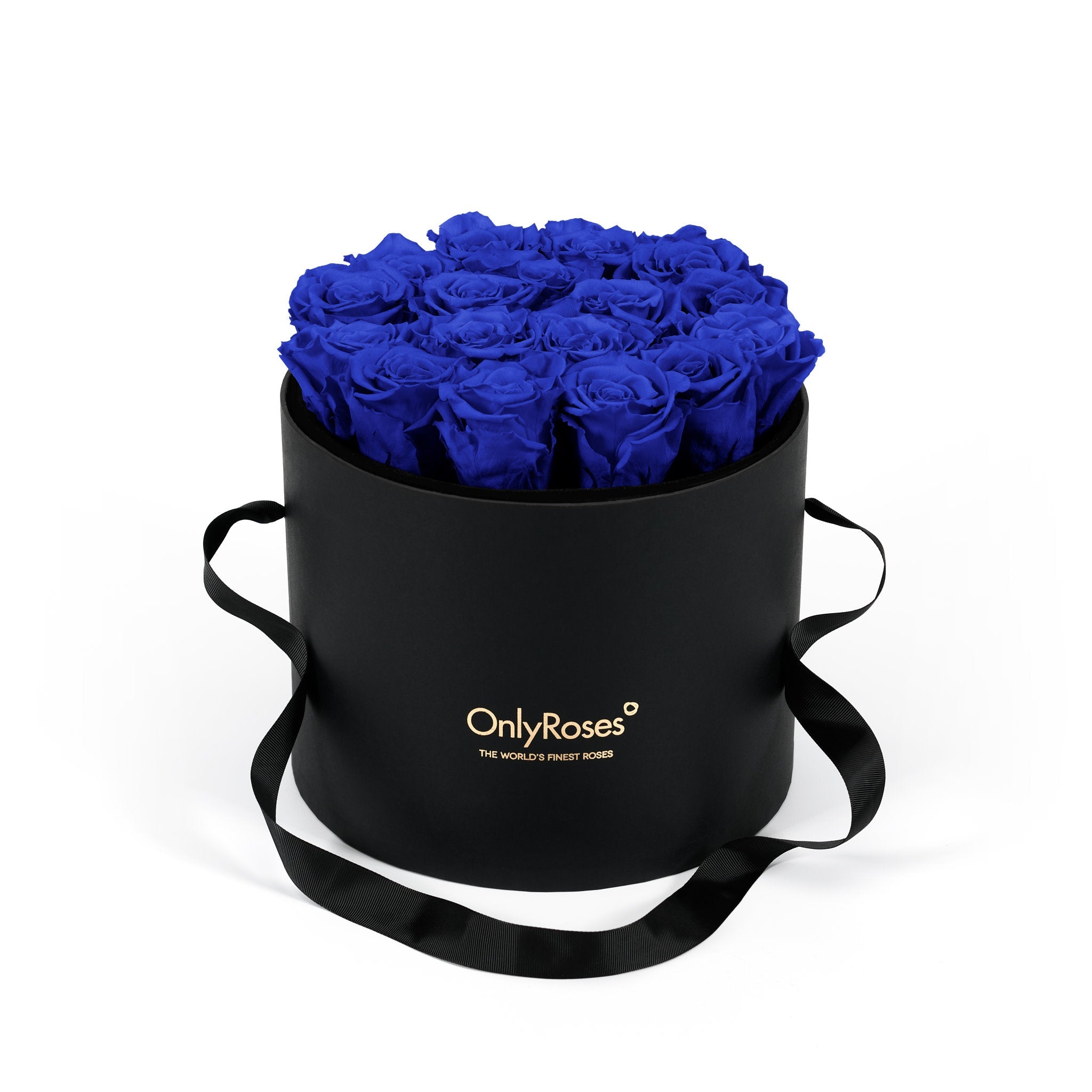Black box with blue roses and 'Only Roses' logo on a white background