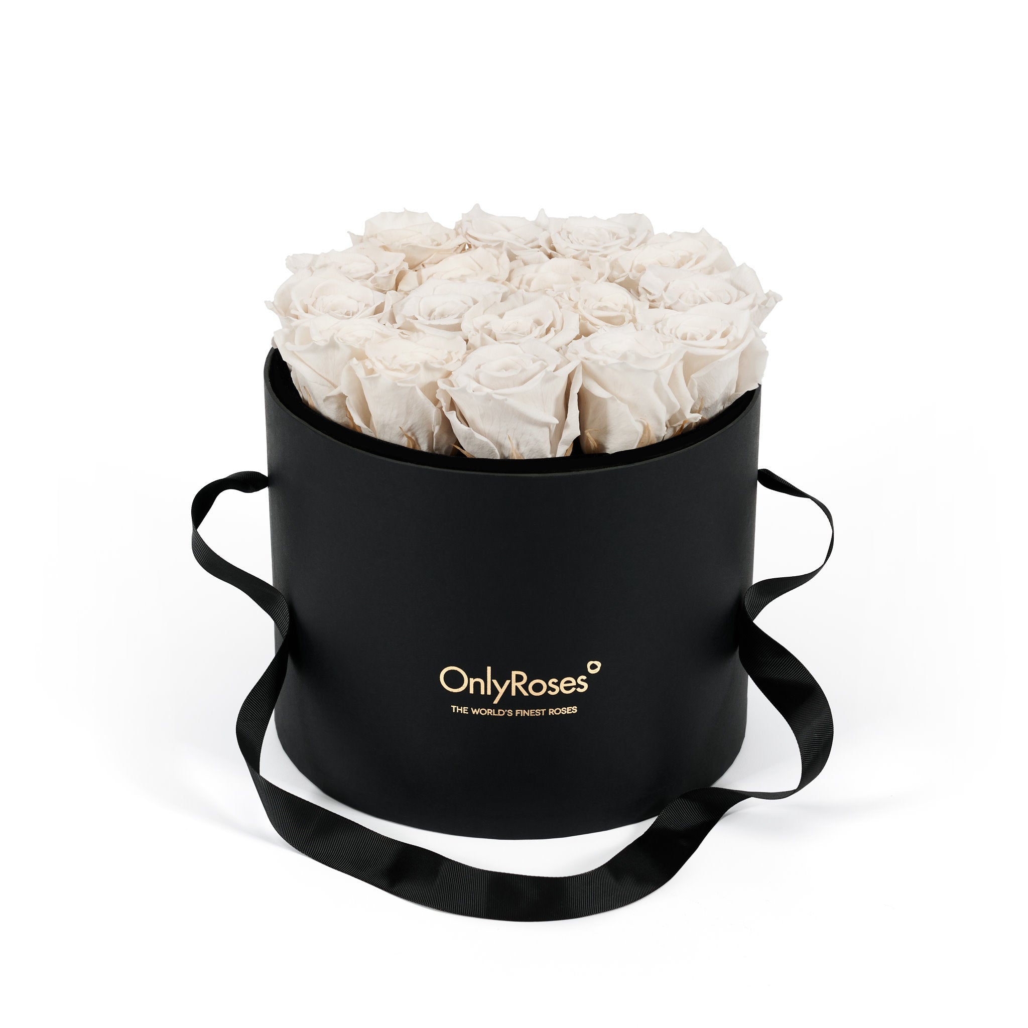 Black round box with white roses and 'Only Roses' logo on a white background