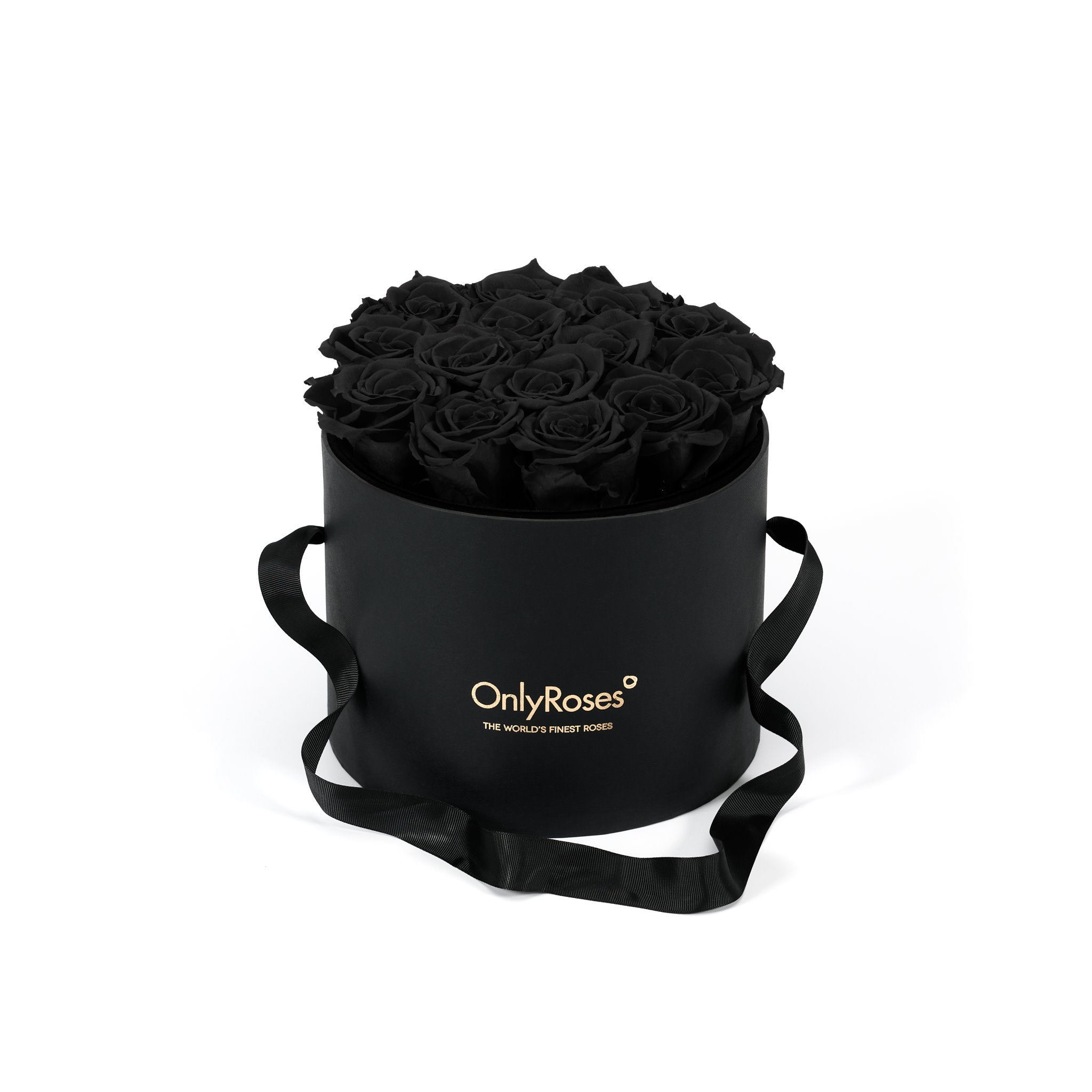 Black round box with black roses and 'Only Roses' branding on a white background