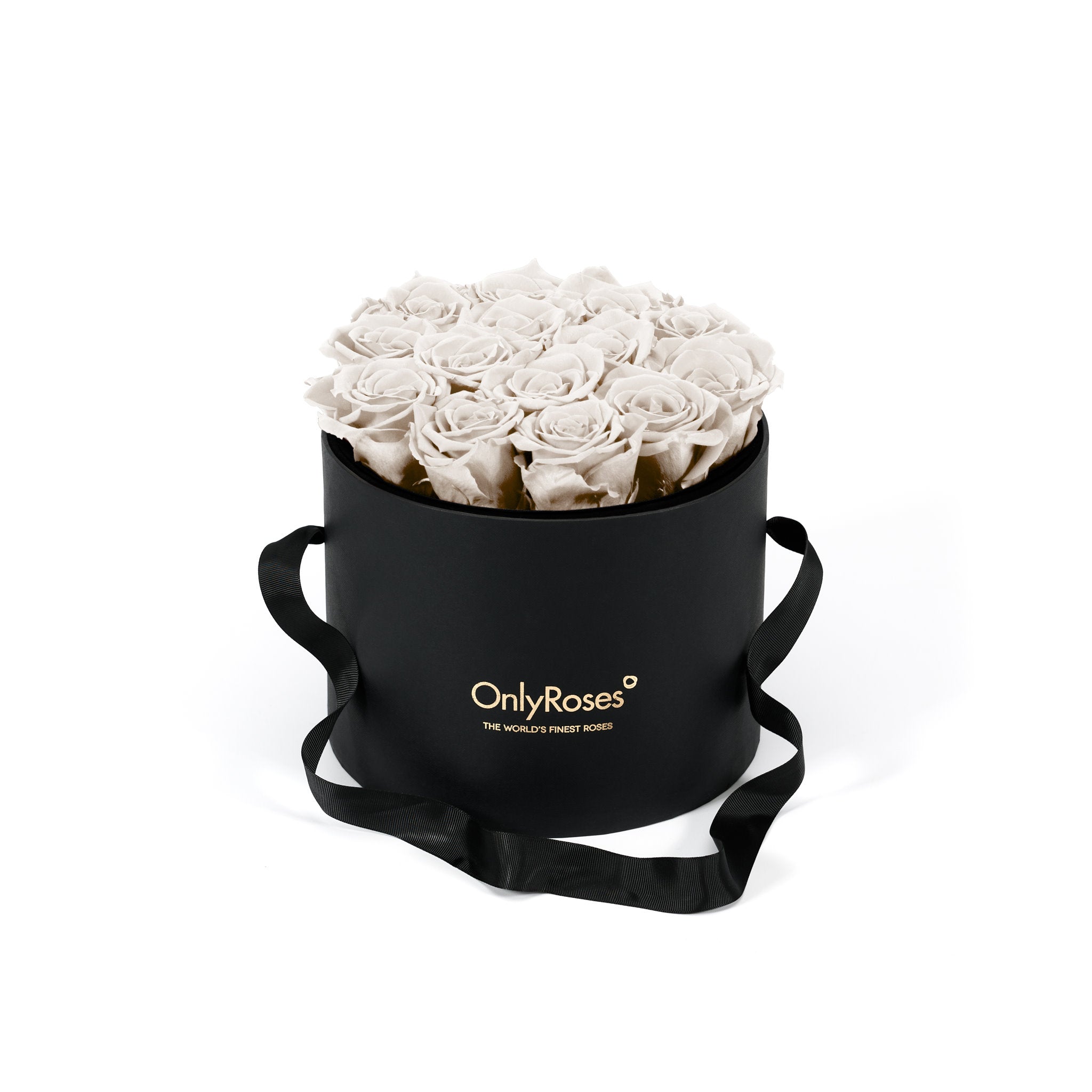 Black box with white roses and 'Only Roses' branding on a white background