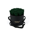 Black round box with dark green roses and 'Only Roses' branding on a white background