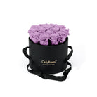 Black round box with purple roses and 'Only Roses' logo on a white background