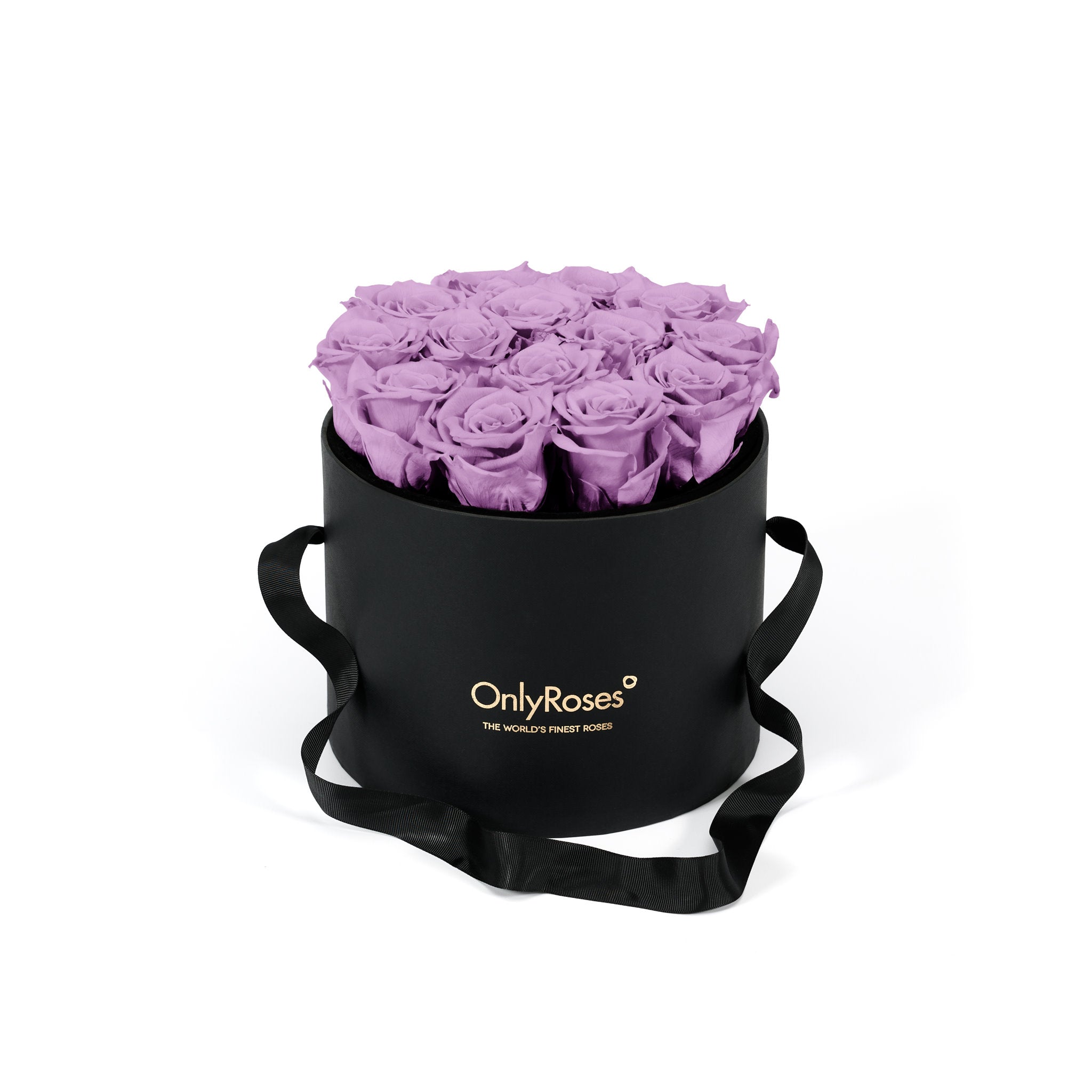 Black round box with purple roses and 'Only Roses' logo on a white background
