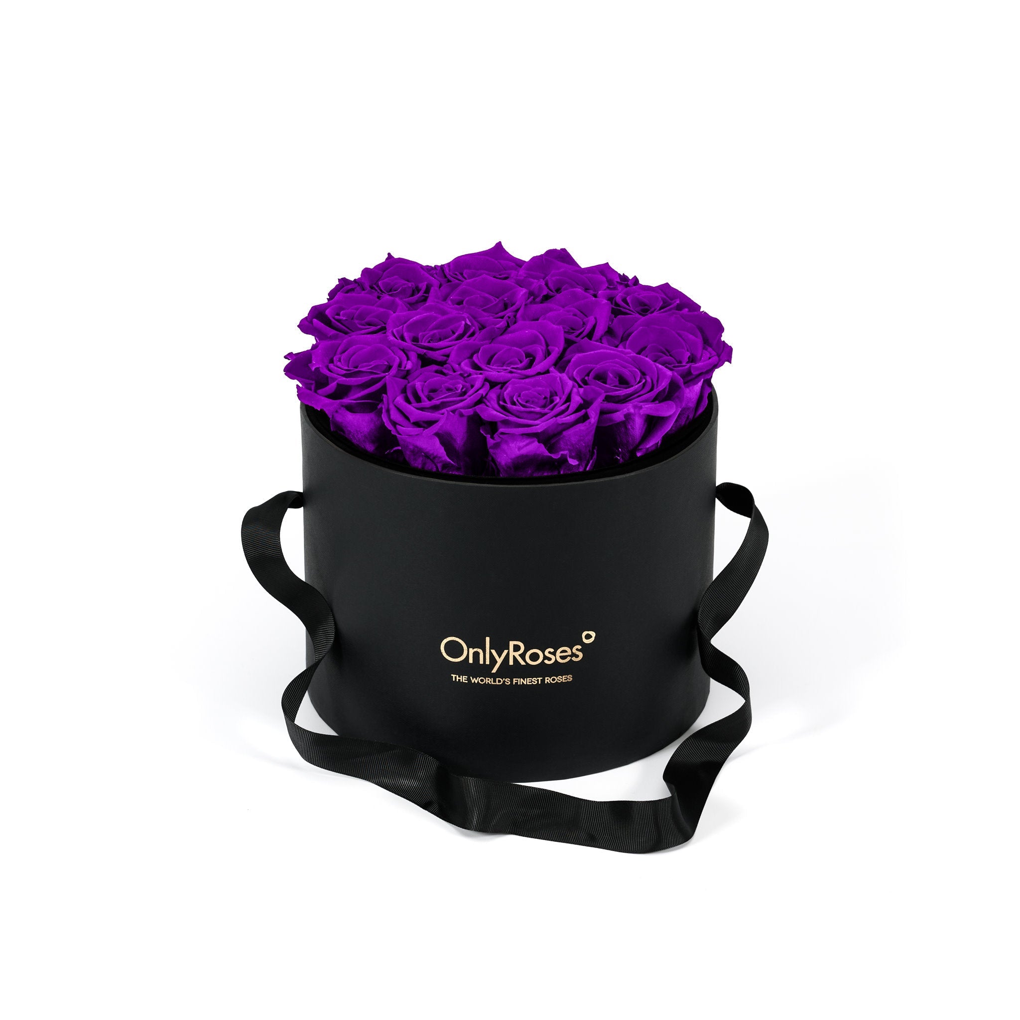Black round box with purple roses and 'Only Roses' branding on a white background