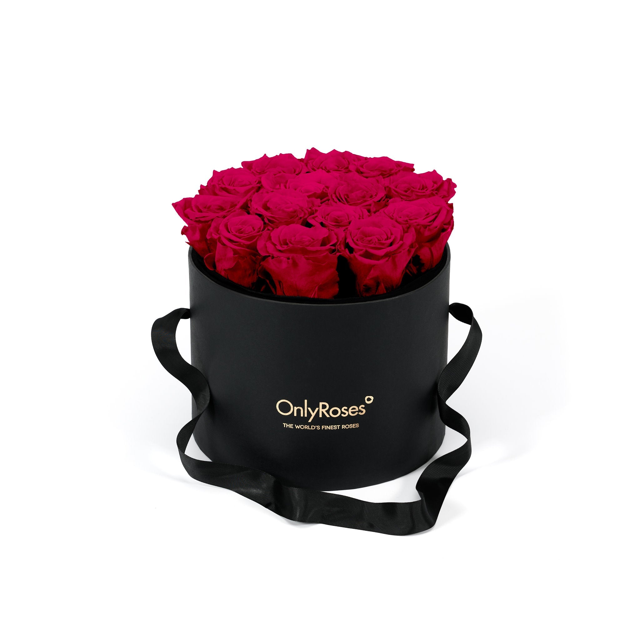 Black box with bright pink roses and 'Only Roses' branding on a white background