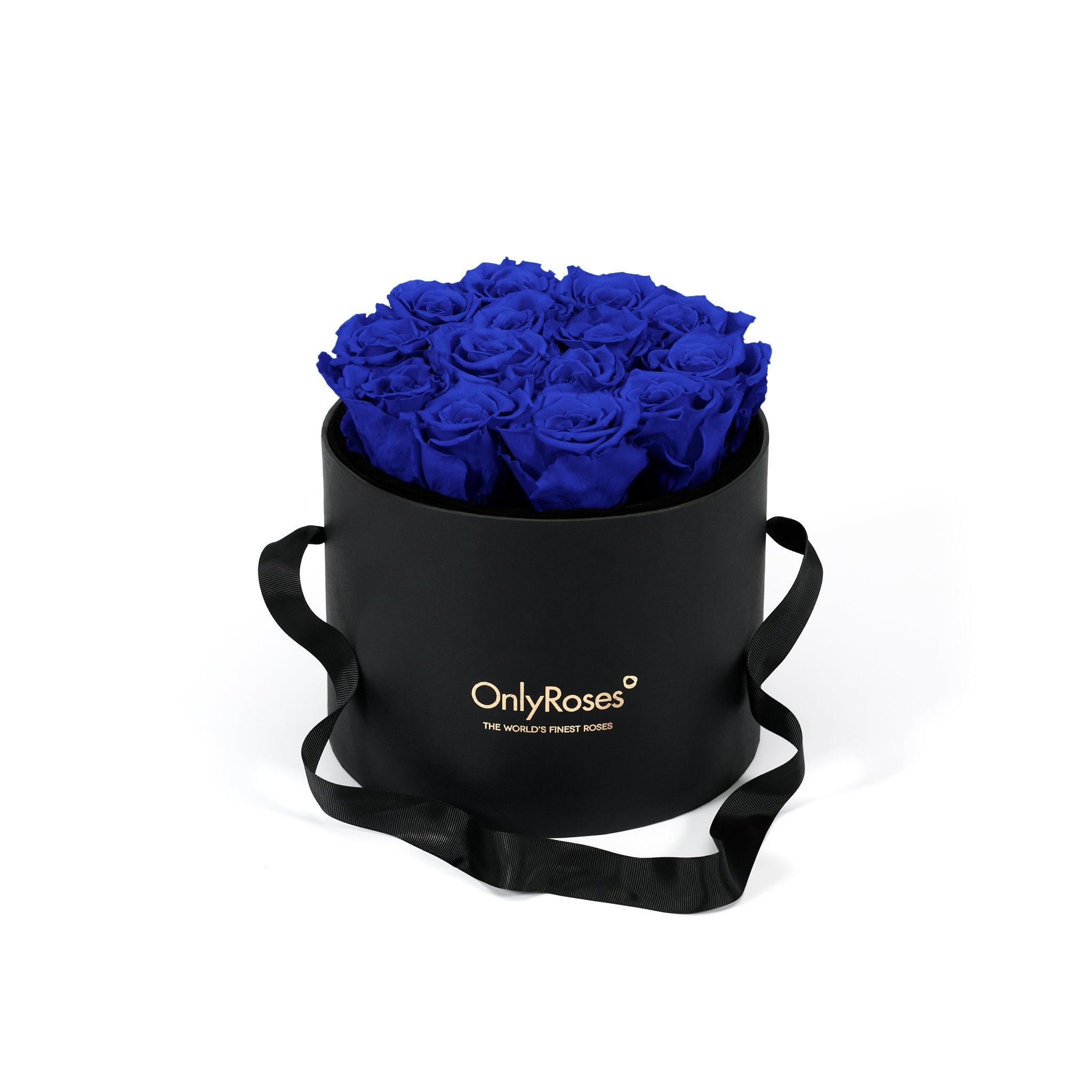 Black box with blue roses and 'Only Roses' branding on a white background