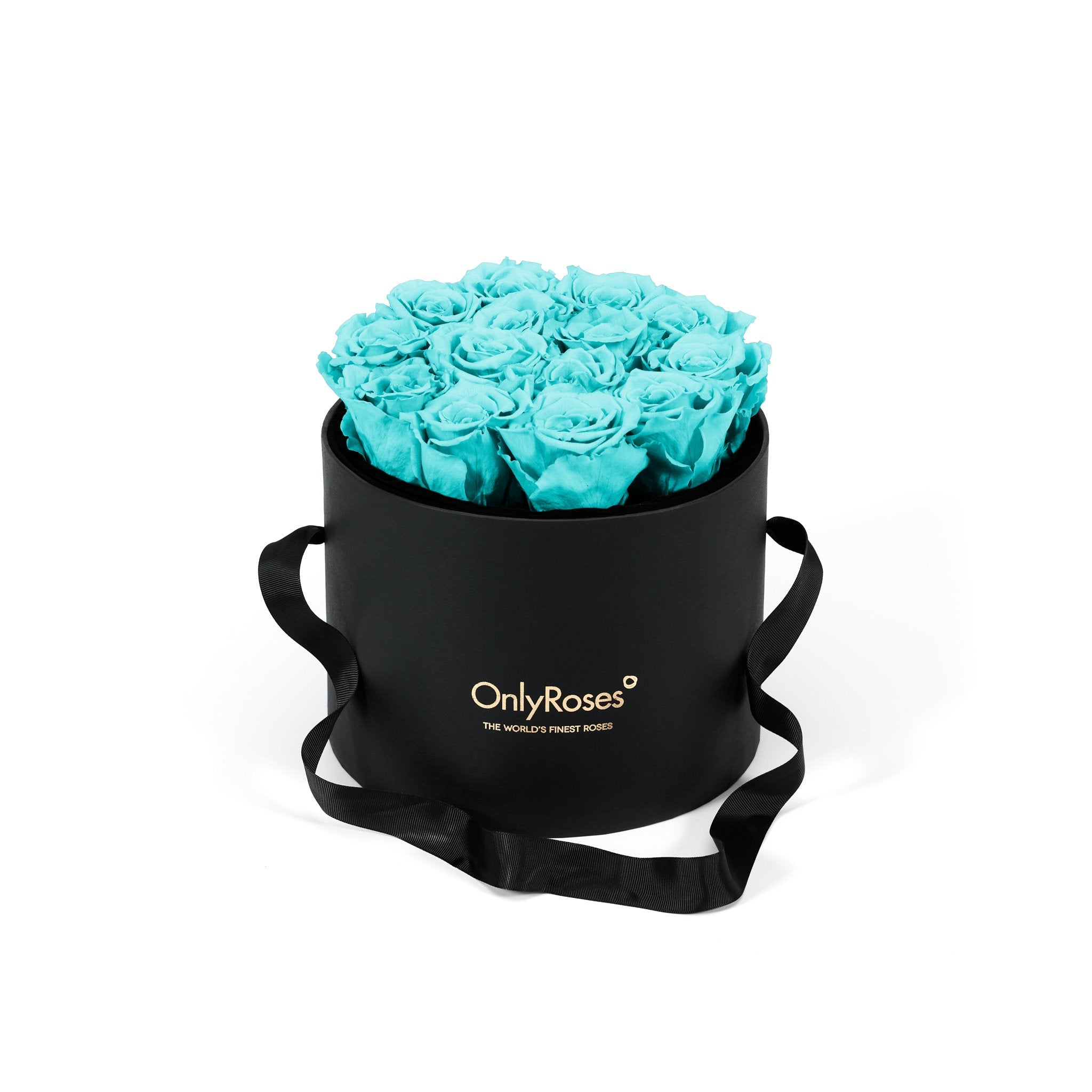 Black box with turquoise roses and 'Only Roses' branding on a white background