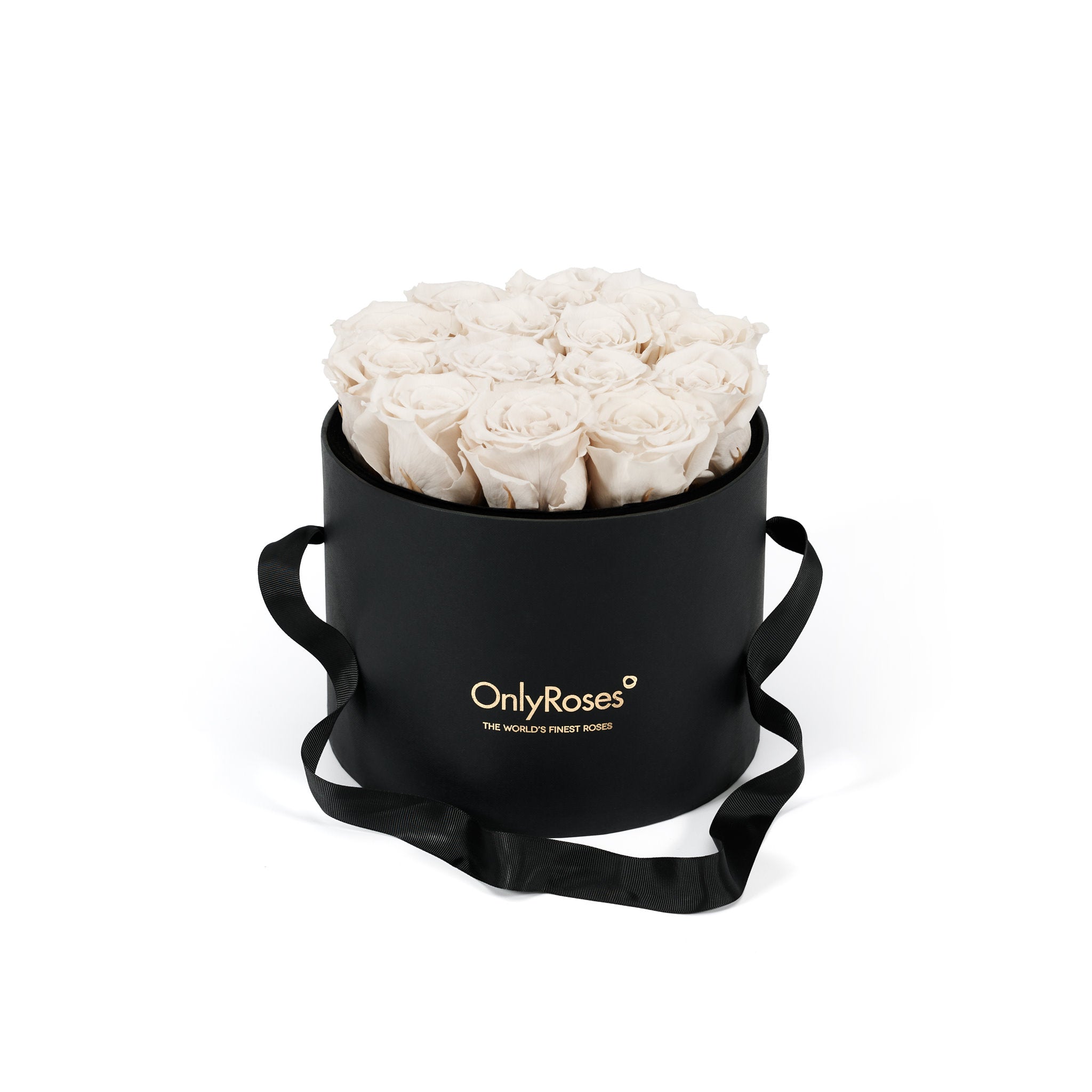 Black round box with white roses and 'Only Roses' branding on a white background