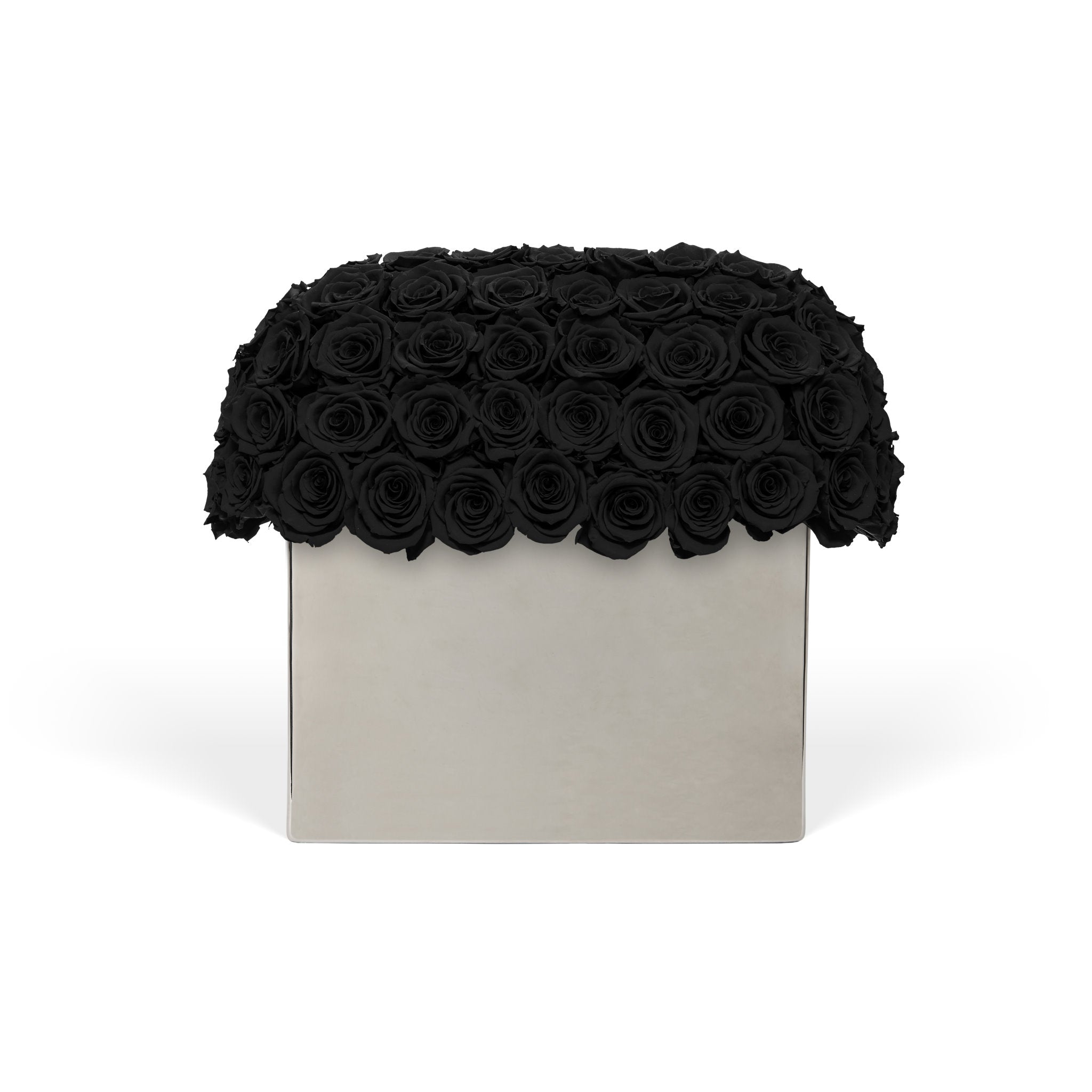 Square box with a black rose arrangement on top against a white background