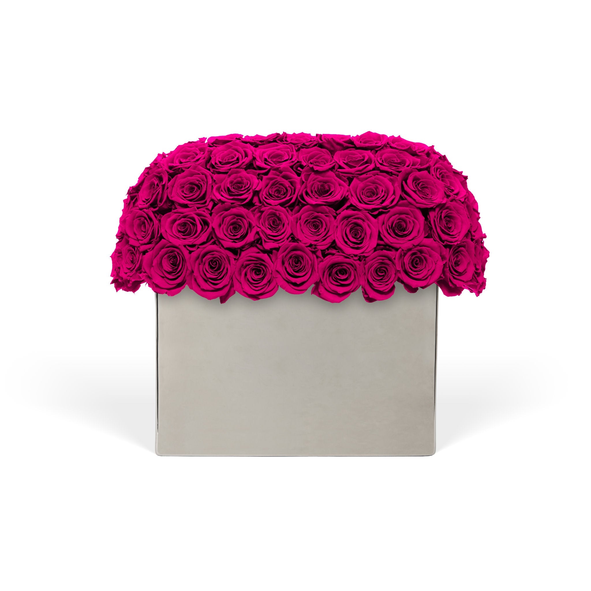Square gray box with a vibrant pink rose arrangement on a white background