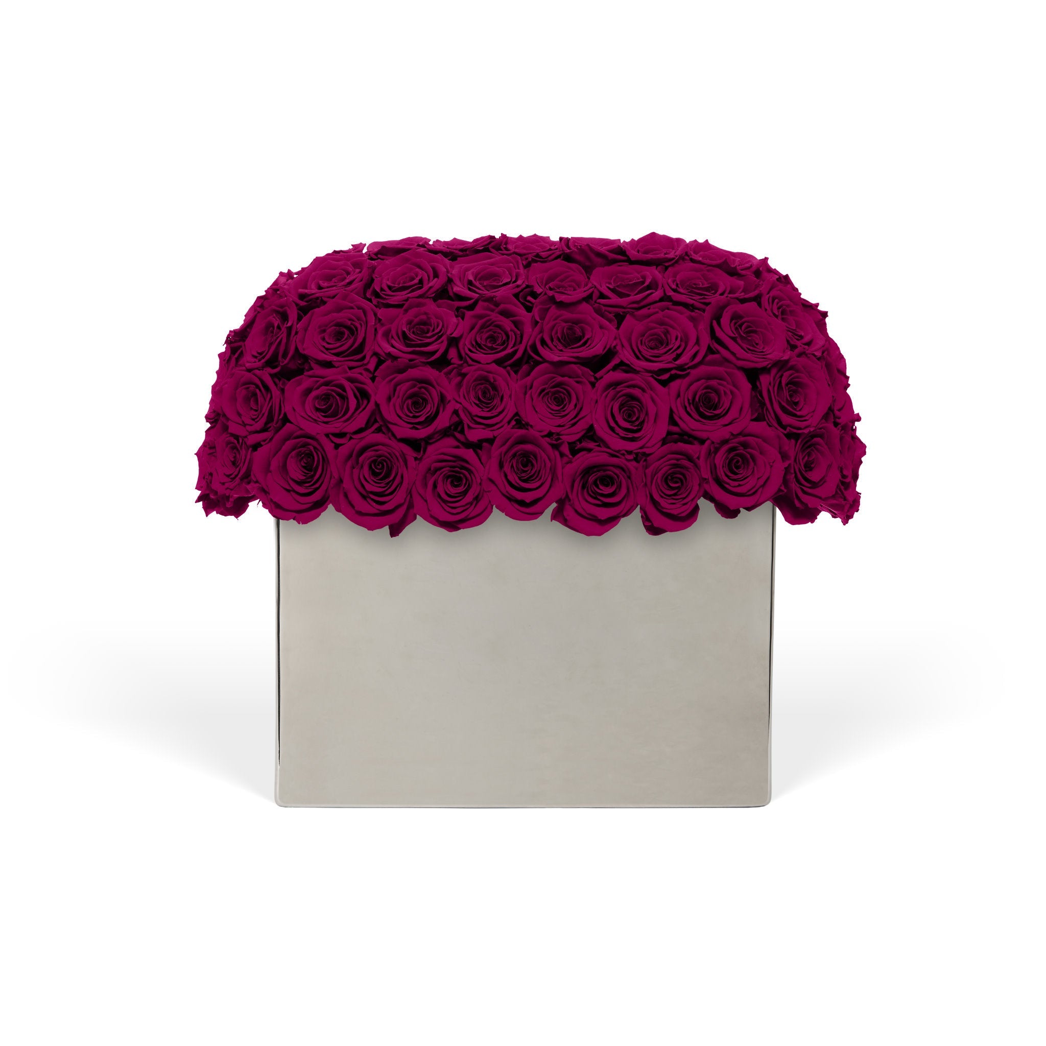 Square box with a lid made of red roses on a white background