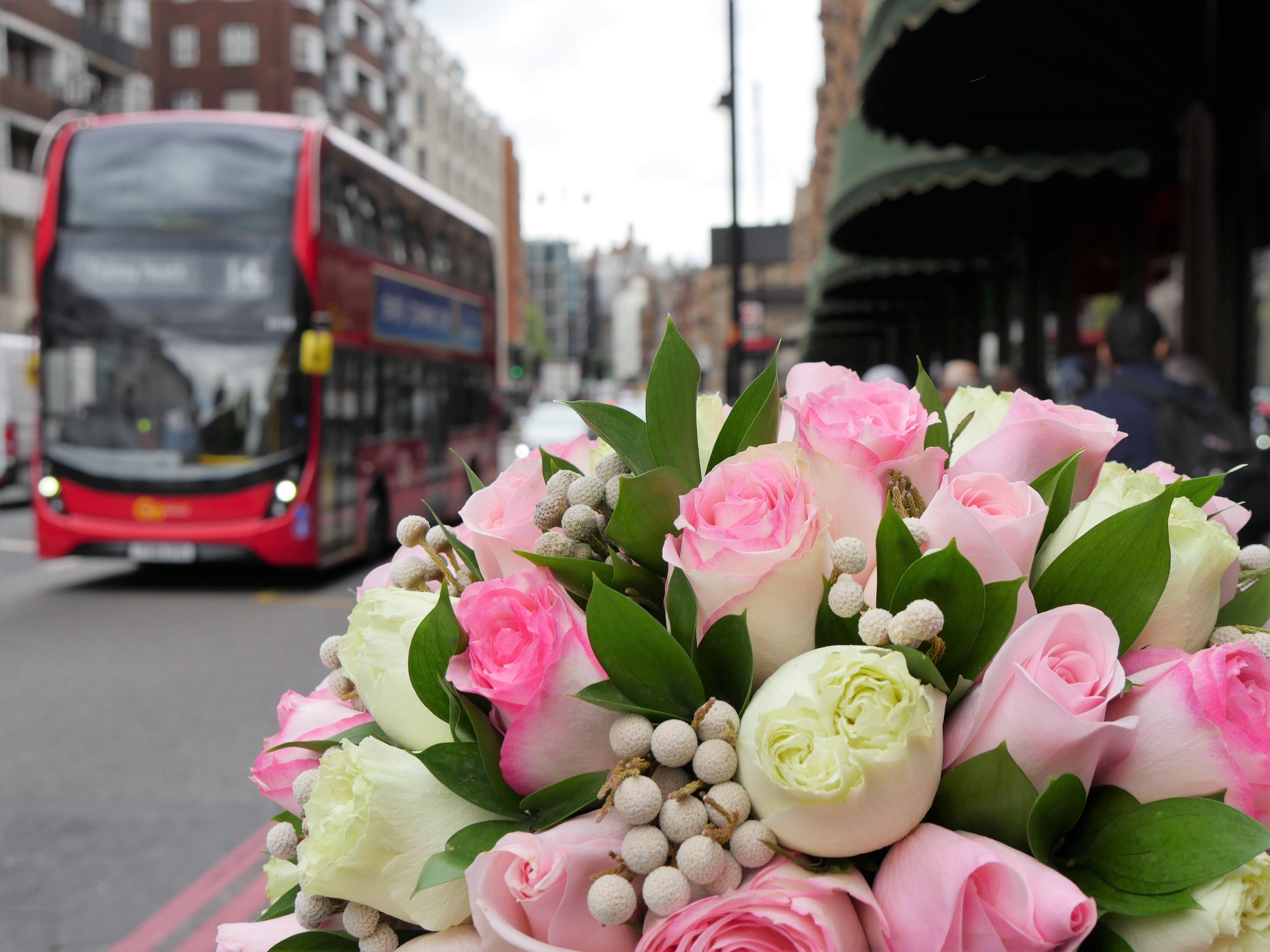 Bouquet of pink and white flowers with a red double-decker bus in the background.