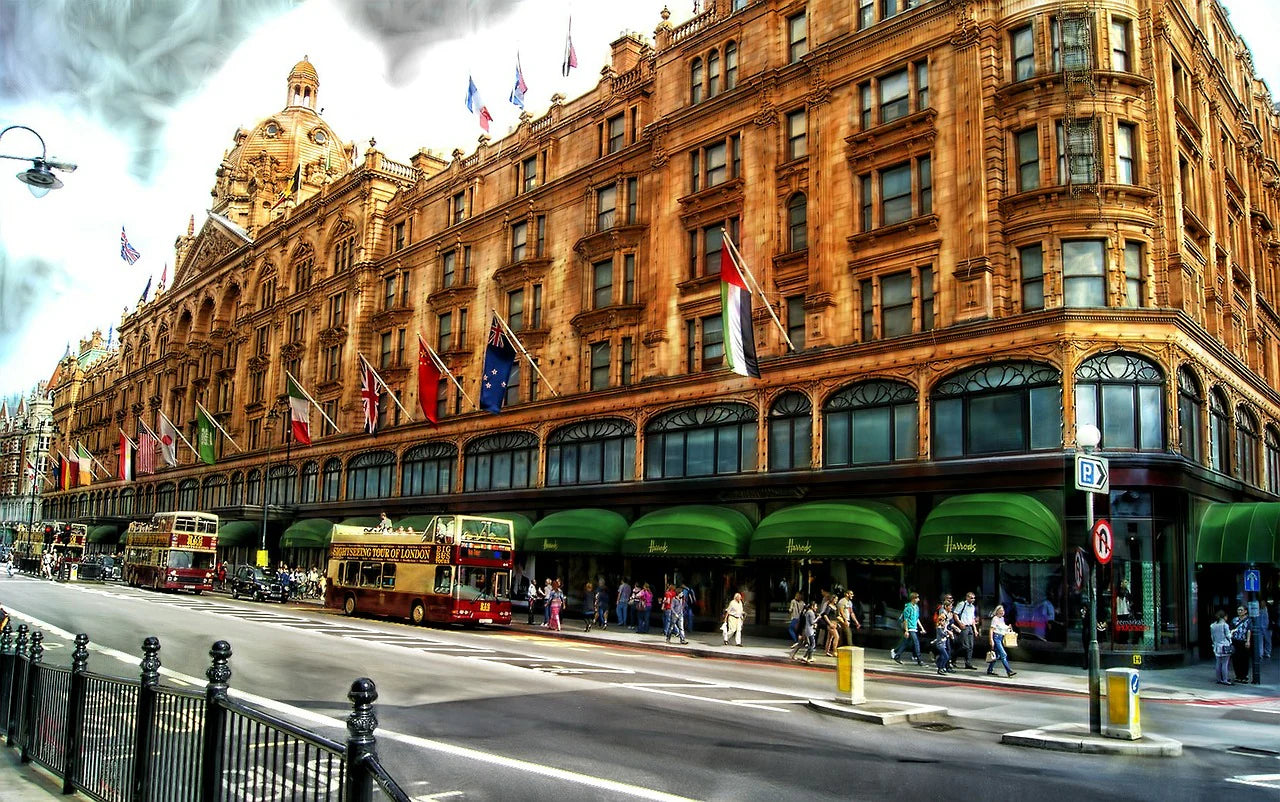 Grand building with green awnings on a city street corner
