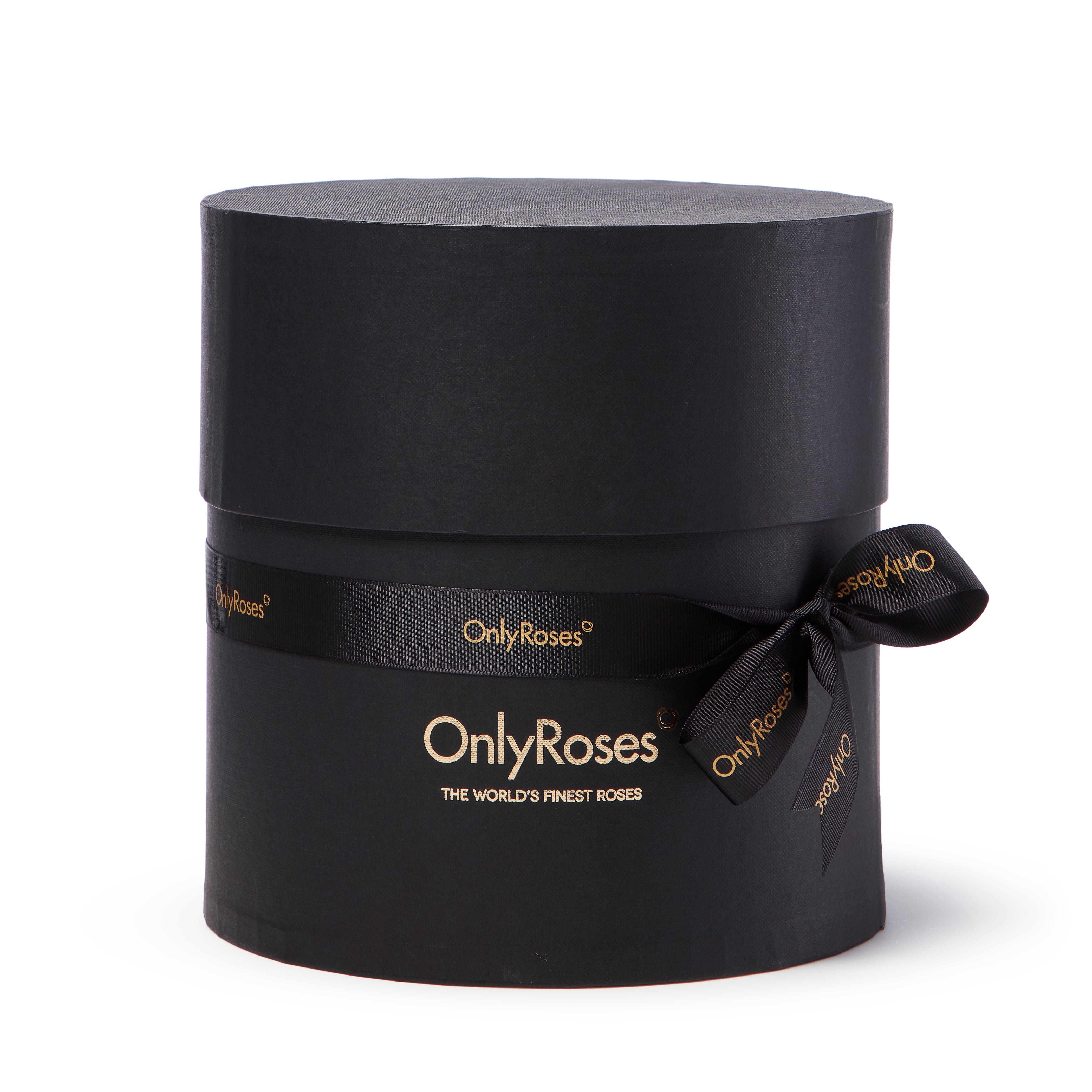 Black round gift box with 'Only Roses' branding on a white background