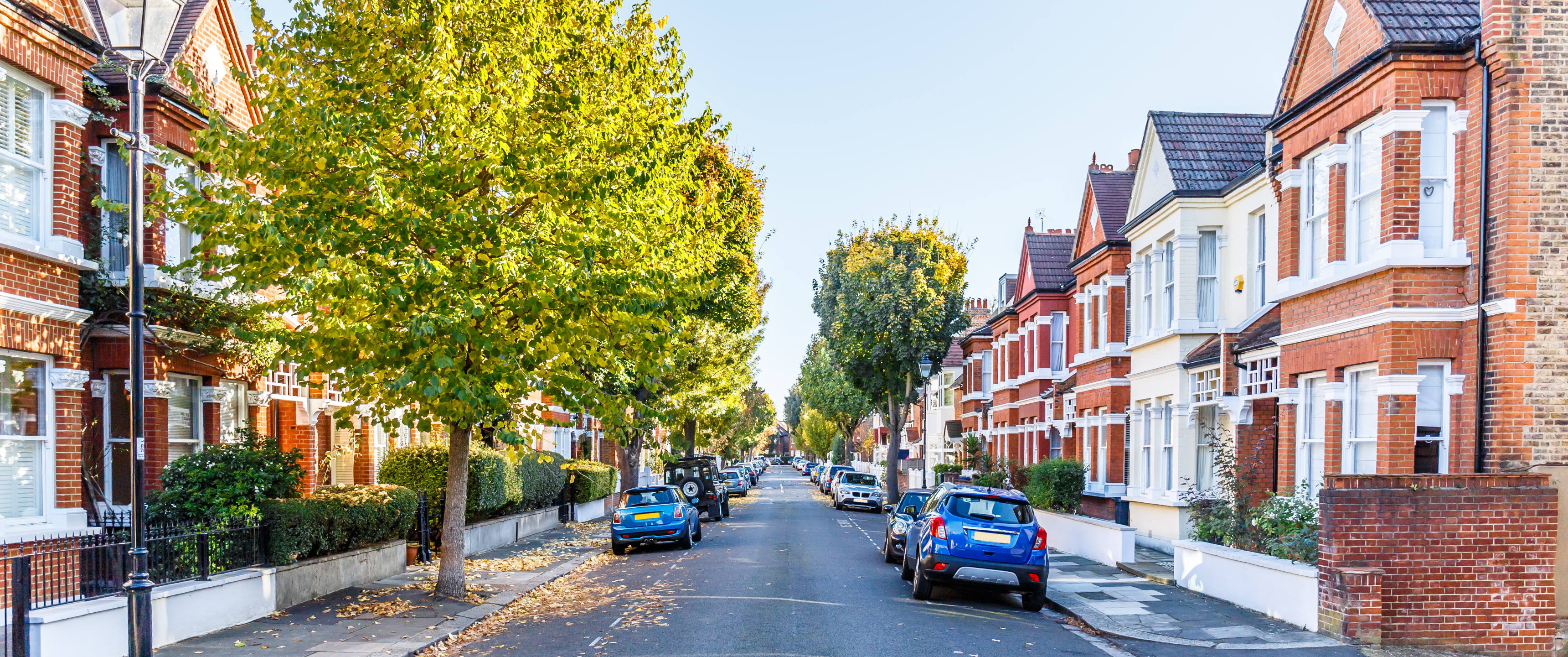  residential street with houses and cars on a sunny day
