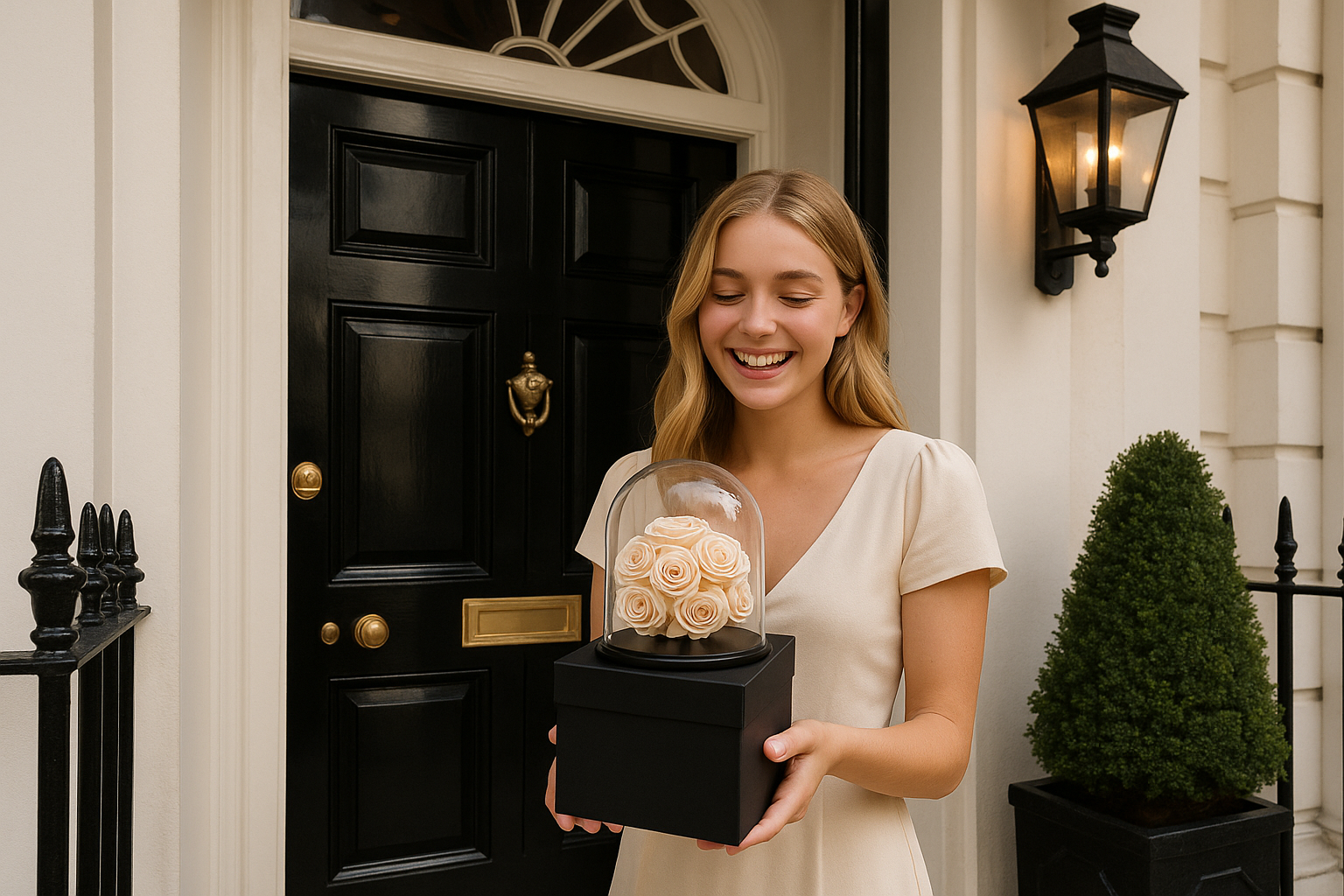 Woman holding a decorative box with flowers in front of a black door.